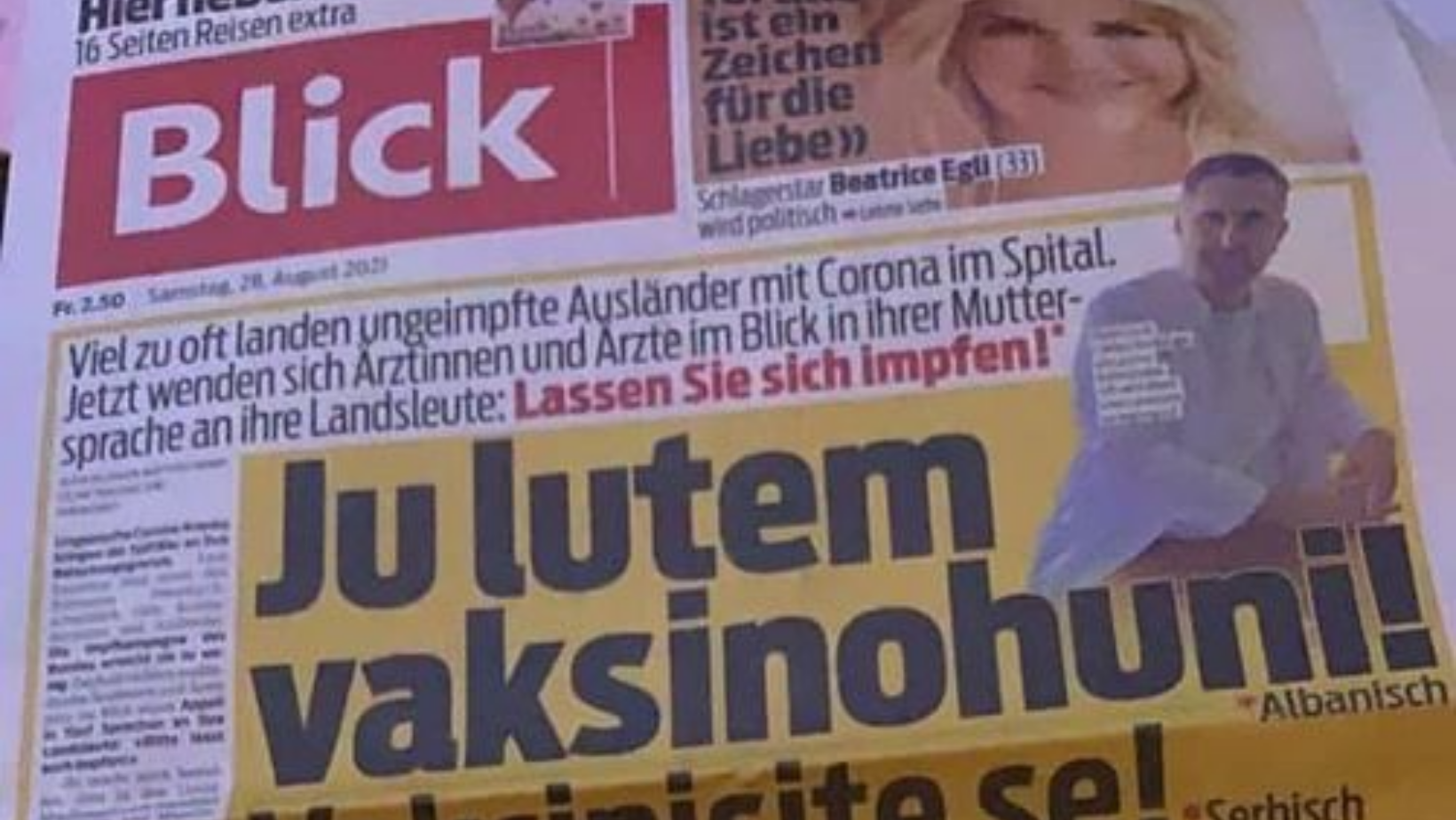 Gazeta zvicerane iu drejtohet shqiptarëve në shqip: Ju lutem vaksinohuni